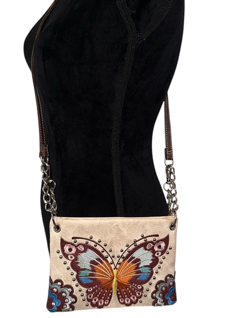 Butterfly and Floral Embroidered With Studs Crossbody Bag Beige Multicolor